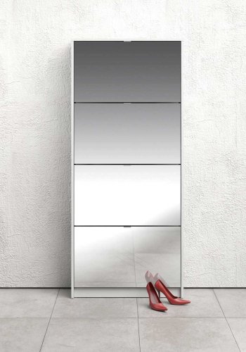 TVILUM Shoes skoskab - hvid/glas tr/spejlglas, m. 4 spejl klaplger og 2 rum 