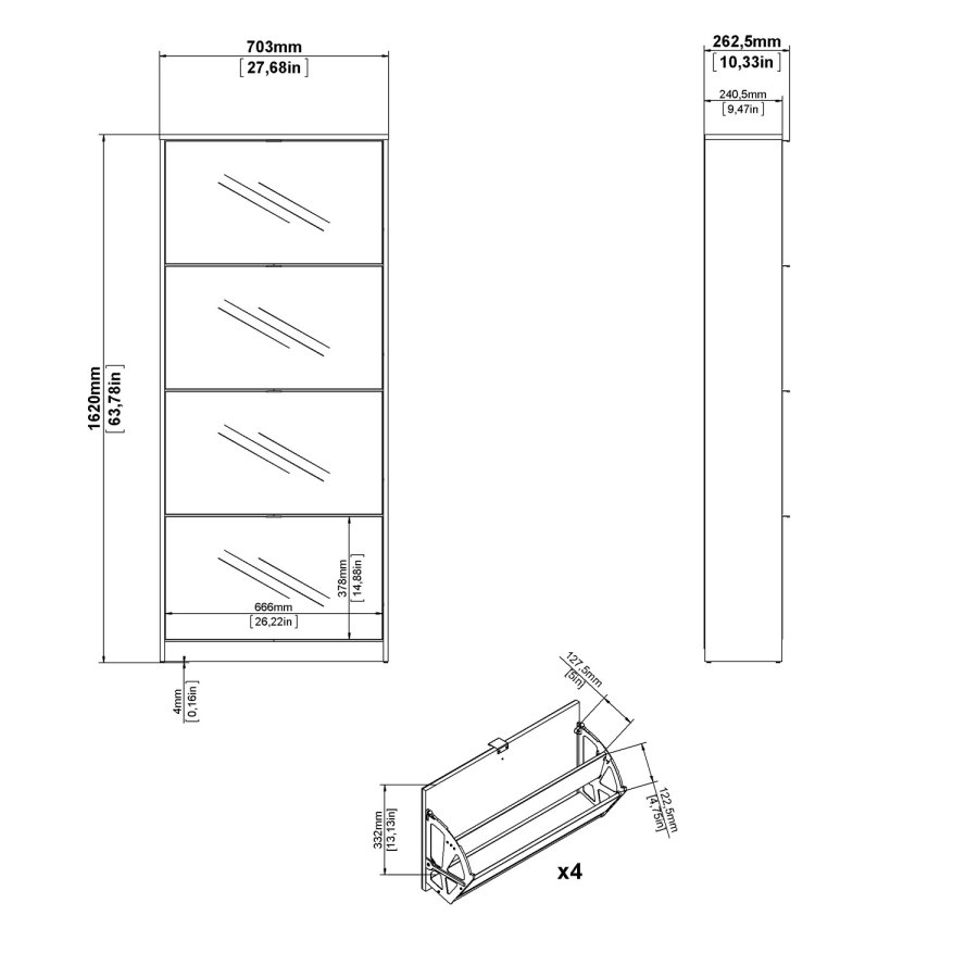 TVILUM Shoes skoskab - hvid/glas tr/spejlglas, m. 4 spejl klaplger og 2 rum 