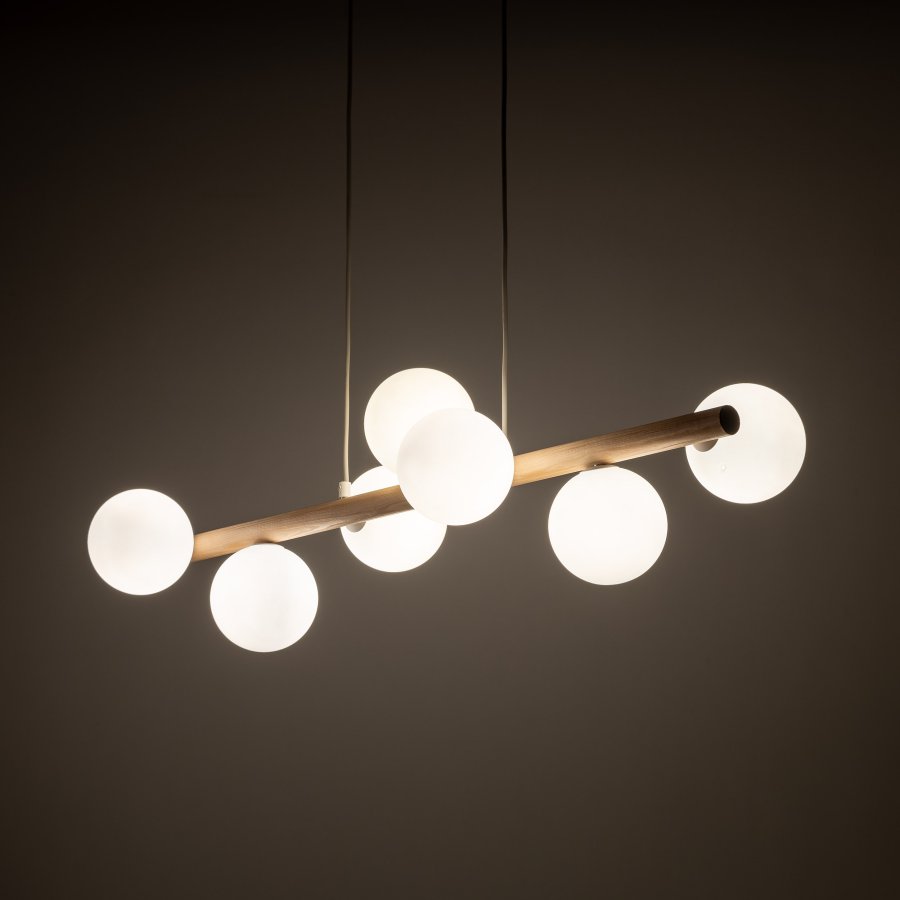 TK Ester loftlampe, m. 7 skrme - hvid glas og natur fyrretr