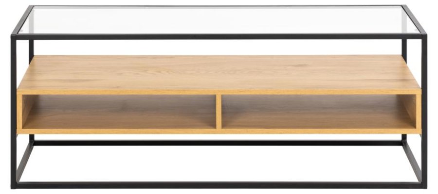 ACT NORDIC Randolf TV-bord, 1 hylde, 2 rum  - klar glas, natur vild eg melamin, sort stl (120x40)