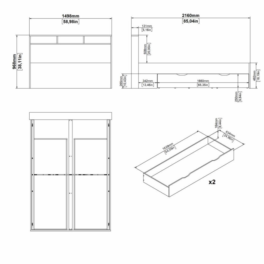 TVILUM Ikast Seng med 2 skuffer 140x200, Jackson Hickory / Hvid, 149,8 x 216 x 96,8 cm