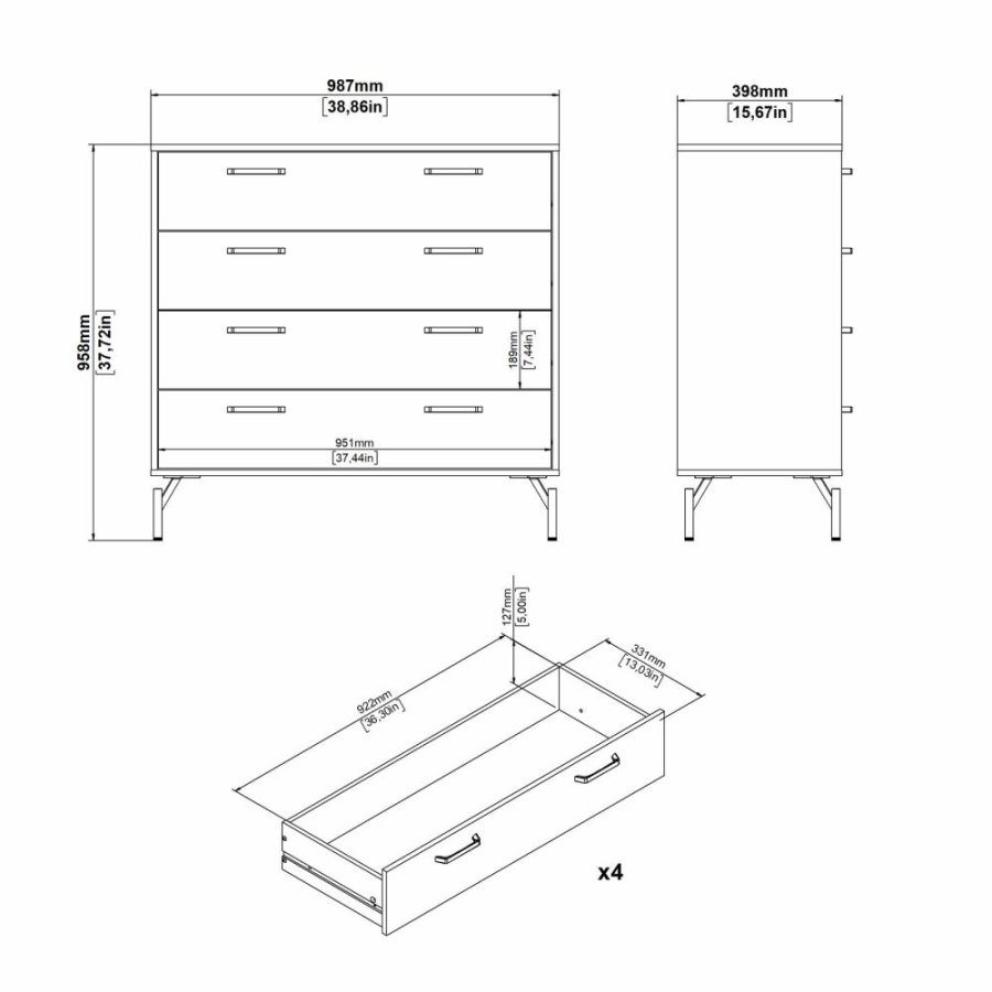 TVILUM Dana Kommode med 4 skuffer, Matt Black, 98,7 x 39,8 x 95,8 cm