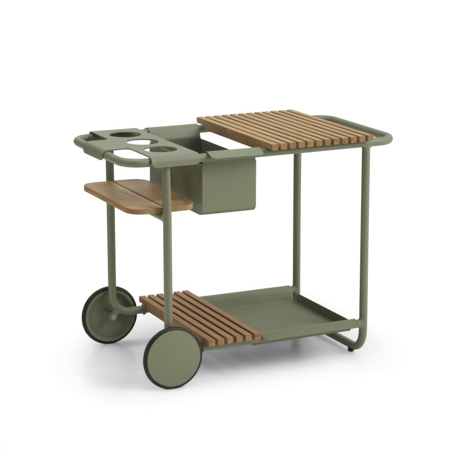 Santorini barbord, m. bakker S og L og L og flaskekler - stvet olivengrn aluminium (90,4x46,5)