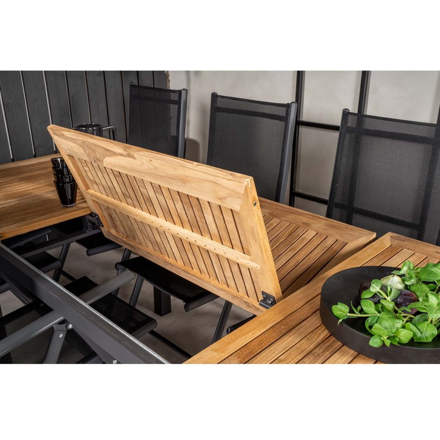 VENTURE DESIGN havest, m. Panama bord, m. udtrk og 4 Lindos stole - natur teak/sort alu/sort reb