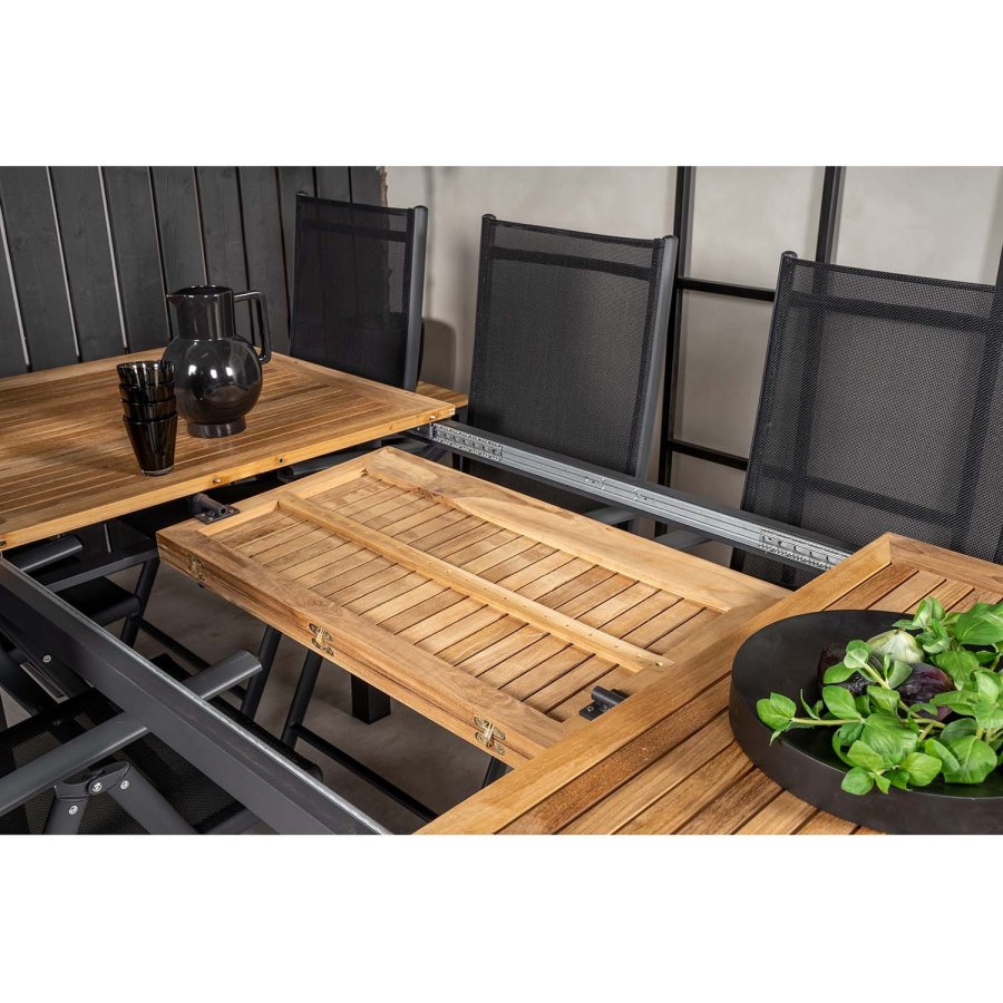 VENTURE DESIGN havest, m. Panama bord, m. udtrk og 4 Anna stole - natur teak/sort alu 