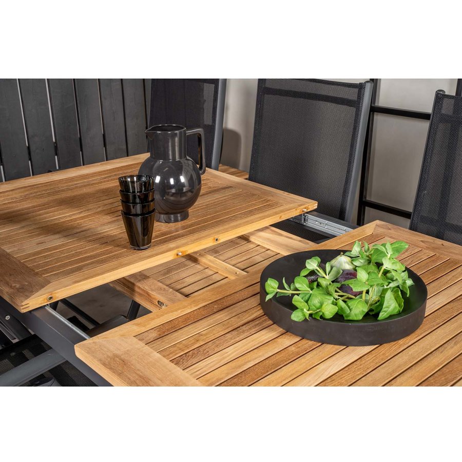 VENTURE DESIGN havest, m. Panama bord, m. udtrk og 4 Anna stole - natur teak/sort alu 