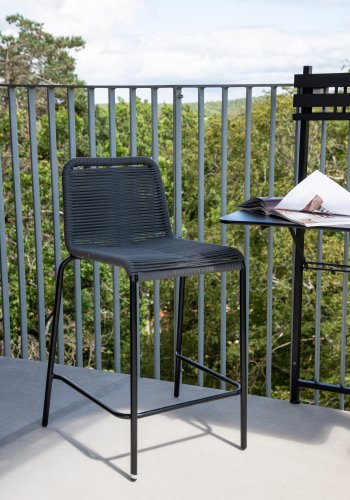 VENTURE DESIGN Lindos udendrs barstol, m. rygln og fodsttte - mrkegr reb og sort stl