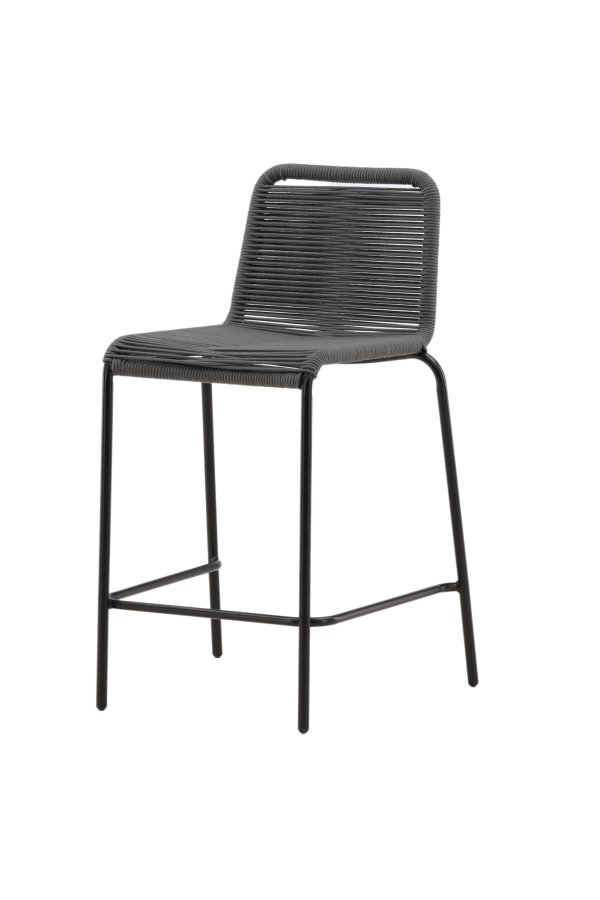 VENTURE DESIGN Lindos udendrs barstol, m. rygln og fodsttte - mrkegr reb og sort stl