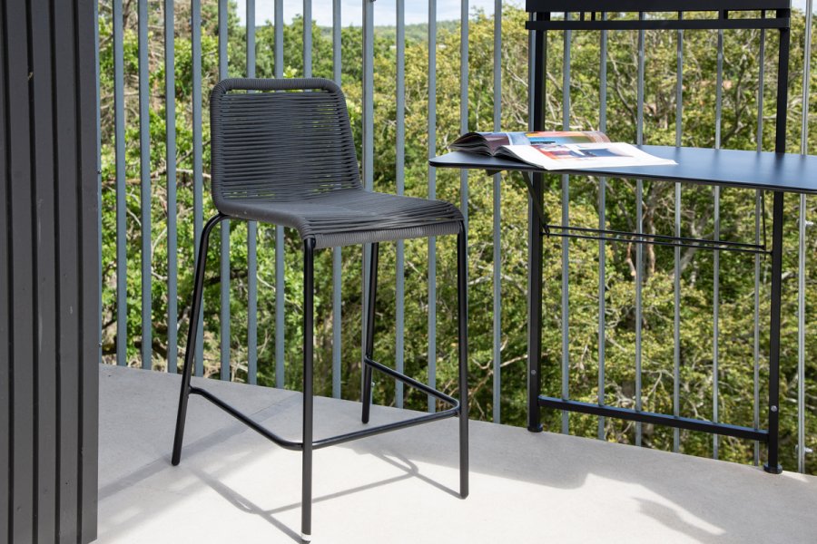 VENTURE DESIGN Lindos udendrs barstol, m. rygln og fodsttte - mrkegr reb og sort stl