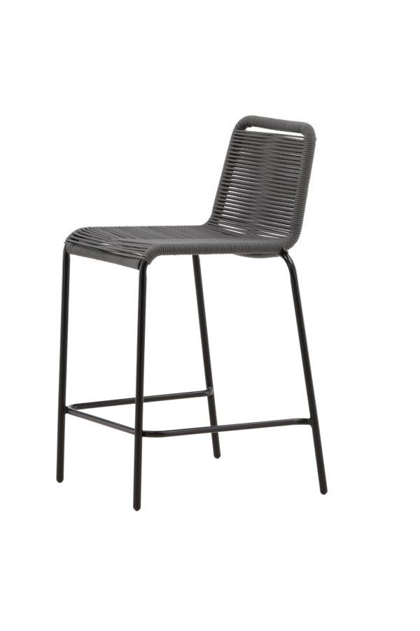 VENTURE DESIGN Lindos udendrs barstol, m. rygln og fodsttte - mrkegr reb og sort stl