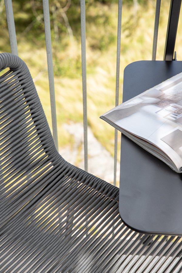 VENTURE DESIGN Lindos udendrs barstol, m. rygln og fodsttte - mrkegr reb og sort stl