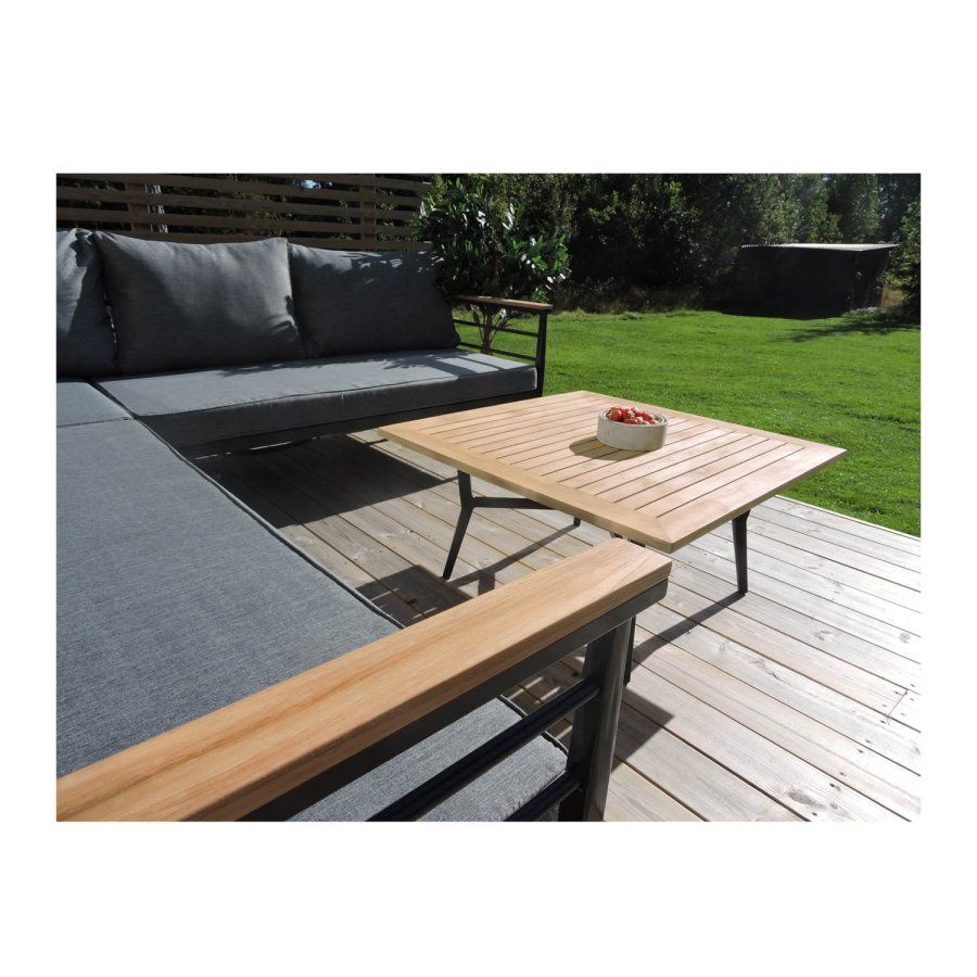 VENTURE DESIGN Mexico hjrne havesofa m. havebord og hynder - gr polyester og aluminium, natur teaktr