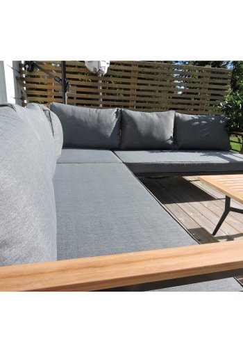 VENTURE DESIGN Mexico hjrne havesofa m. havebord og hynder - gr polyester og aluminium, natur teaktr