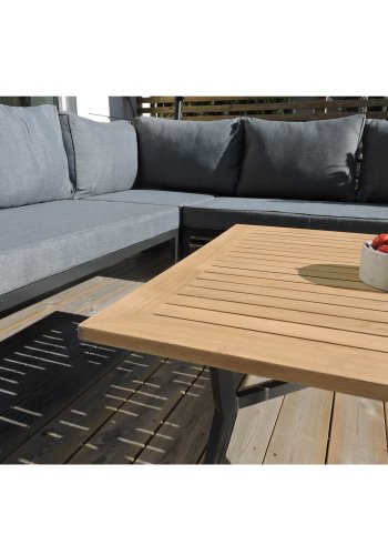 VENTURE DESIGN Mexico hjrne havesofa m. havebord og hynder - gr polyester og aluminium, natur teaktr