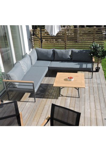 VENTURE DESIGN Mexico hjrne havesofa m. havebord og hynder - gr polyester og aluminium, natur teaktr