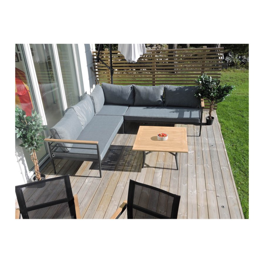 VENTURE DESIGN Mexico hjrne havesofa m. havebord og hynder - gr polyester og aluminium, natur teaktr