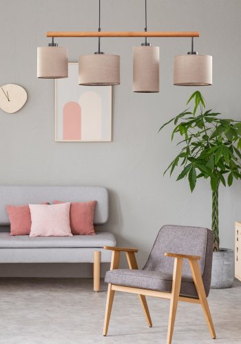 TK Deva loftlampe, m. 4 skrme - natur stof/fyrretr og sort stl