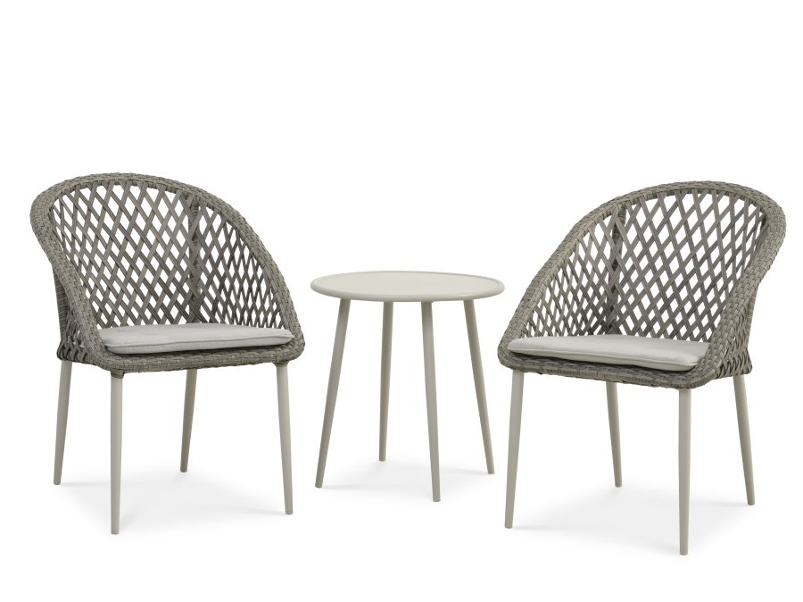 Korsika cafést, m. 1 bord, 2 stole, hynder - varm gr rattan og aluminium
