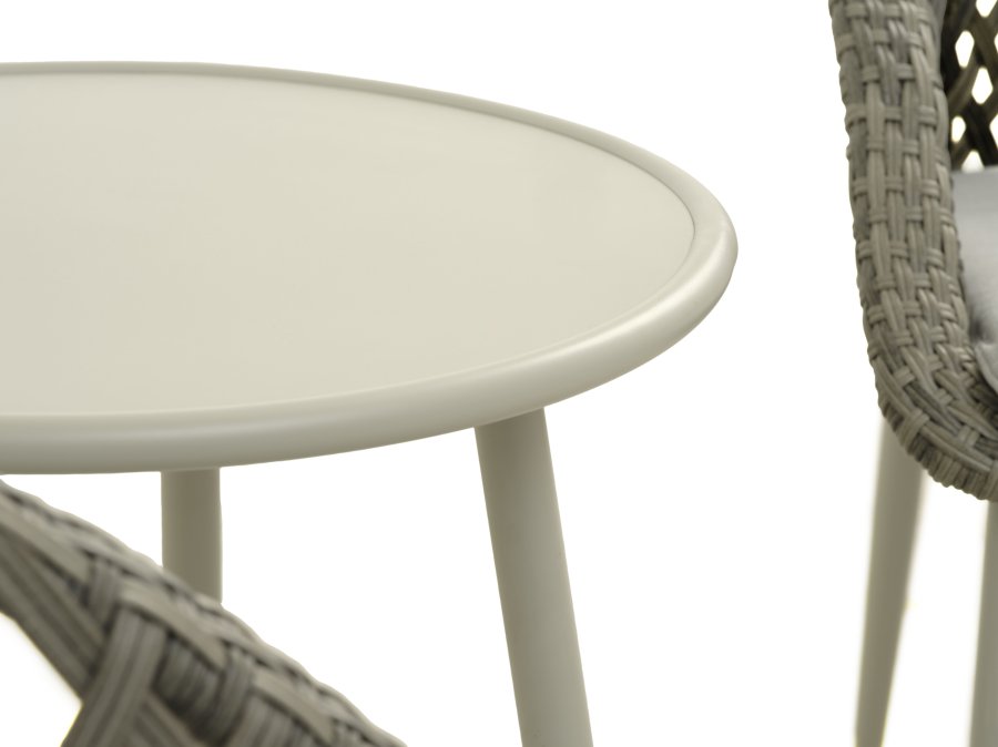 Korsika cafést, m. 1 bord, 2 stole, hynder - varm gr rattan og aluminium