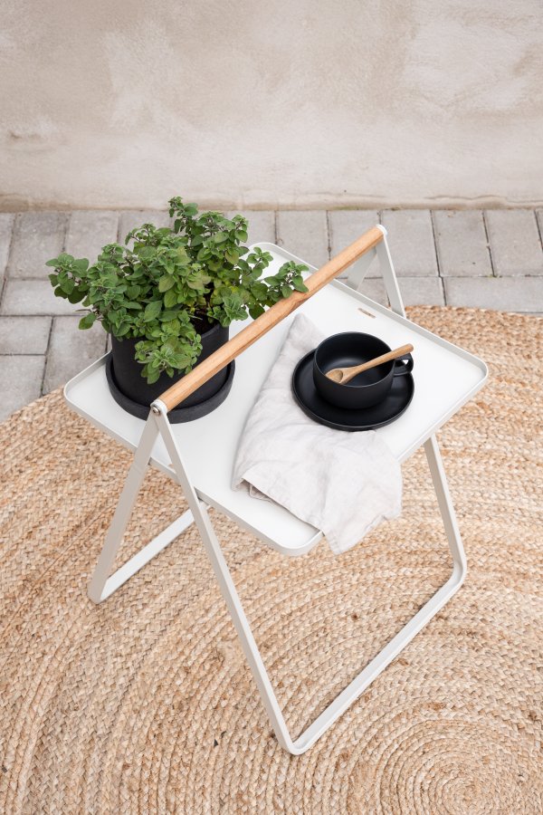 VENTURE DESIGN Clarin udendrs sidebord, m. teaktr hndtag, kvadratisk - beige stl (45x45)