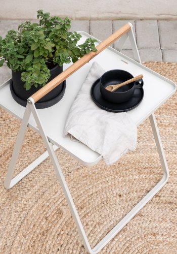 VENTURE DESIGN Clarin udendrs sidebord, m. teaktr hndtag, kvadratisk - beige stl (45x45)