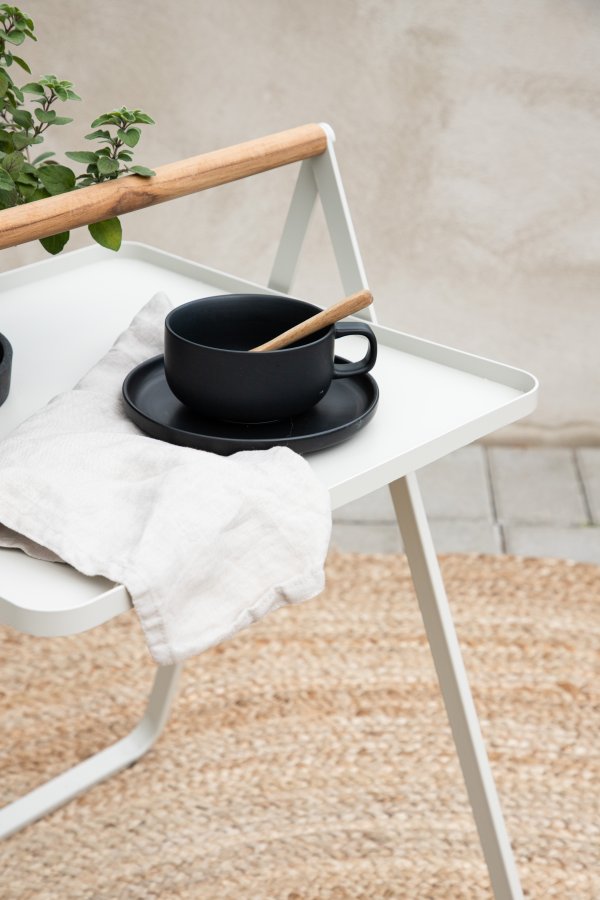 VENTURE DESIGN Clarin udendrs sidebord, m. teaktr hndtag, kvadratisk - beige stl (45x45)