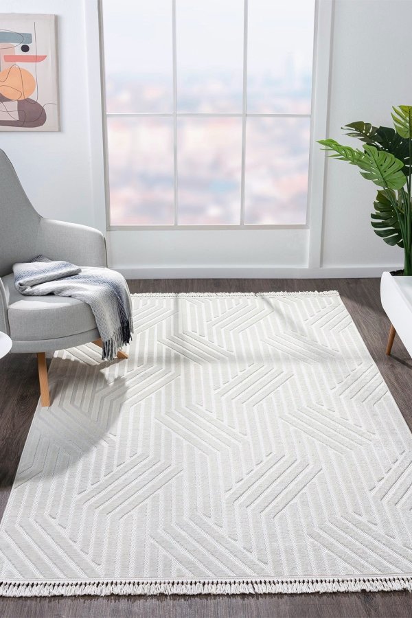 TEPPI Sosa gulvtppe m. mnster, rektangulr - hvid polypropylen (120x180)