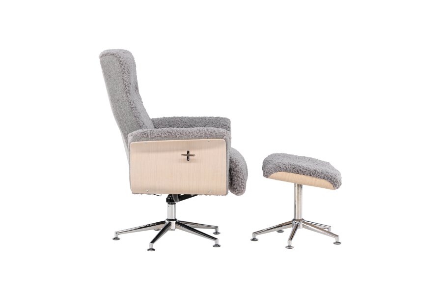 VENTURE DESIGN Hagön recliner lnestol m. fodskammel - gr stof, hvidvasket tr og krom metal