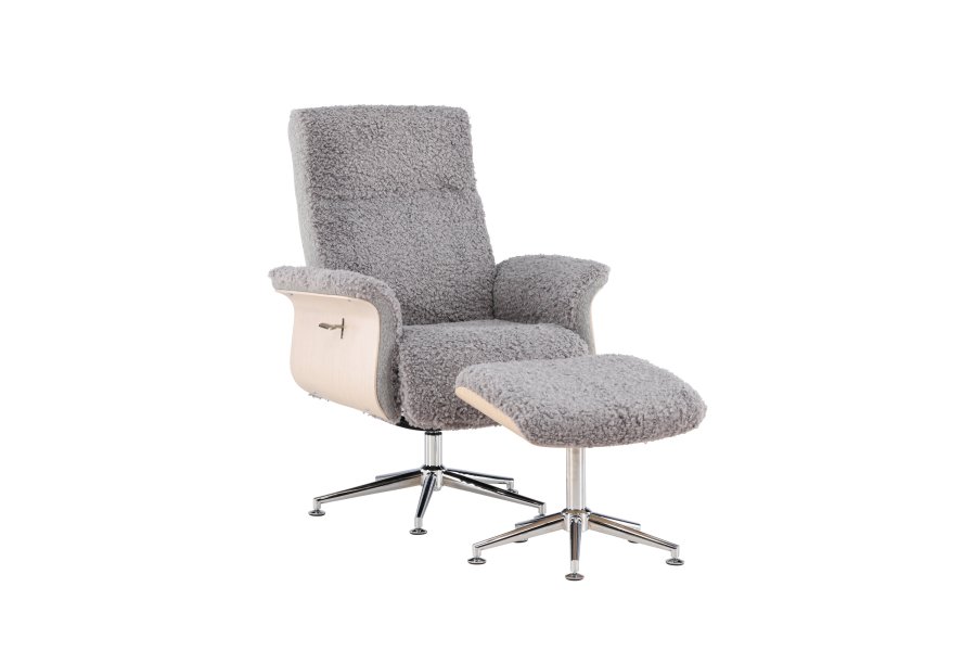 VENTURE DESIGN Hagön recliner lnestol m. fodskammel - gr stof, hvidvasket tr og krom metal