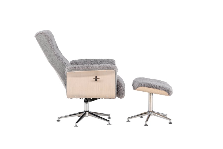 VENTURE DESIGN Hagön recliner lnestol m. fodskammel - gr stof, hvidvasket tr og krom metal