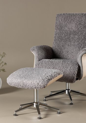 VENTURE DESIGN Hagön recliner lnestol m. fodskammel - gr stof, hvidvasket tr og krom metal