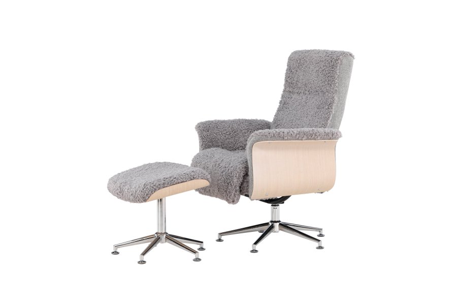 VENTURE DESIGN Hagön recliner lnestol m. fodskammel - gr stof, hvidvasket tr og krom metal