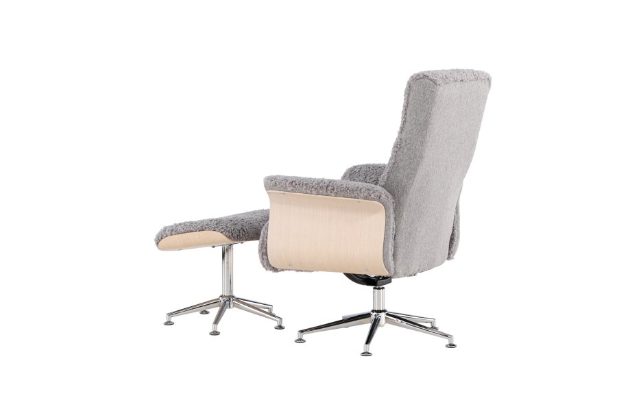 VENTURE DESIGN Hagön recliner lnestol m. fodskammel - gr stof, hvidvasket tr og krom metal