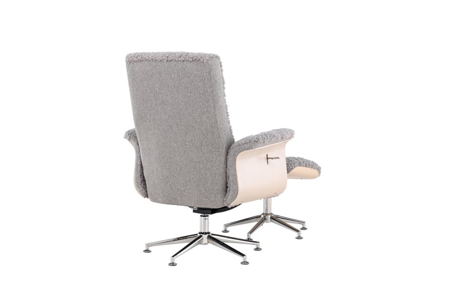 VENTURE DESIGN Hagön recliner lnestol m. fodskammel - gr stof, hvidvasket tr og krom metal