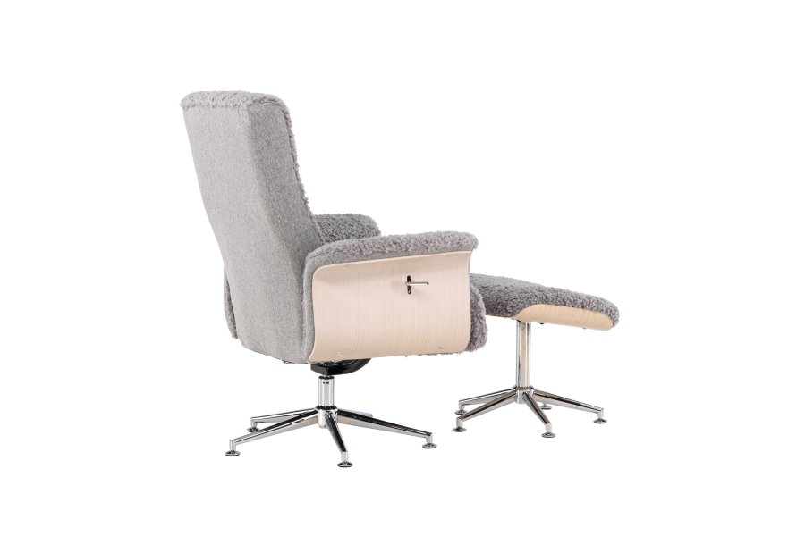 VENTURE DESIGN Hagön recliner lnestol m. fodskammel - gr stof, hvidvasket tr og krom metal