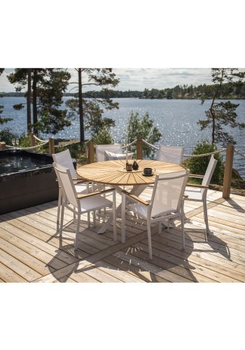 VENTURE DESIGN rund Mexico havebord - natur teaktr og hvid aluminium (140)