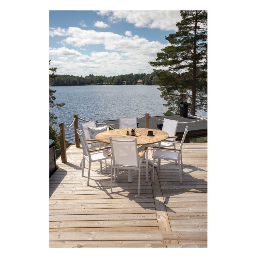 VENTURE DESIGN rund Mexico havebord - natur teaktr og hvid aluminium (140)