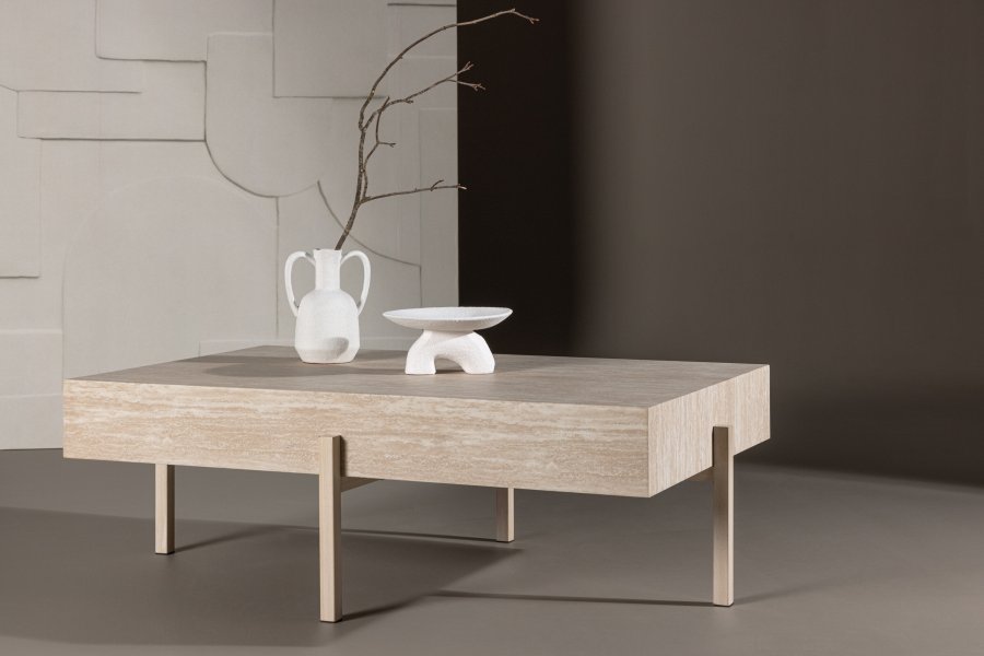 VIND COLLECTION Vadholmen sofabord, rektangulr - hvid MDF med travertin look og stl (82x126)