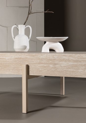 VIND COLLECTION Vadholmen sofabord, rektangulr - hvid MDF med travertin look og stl (82x126)