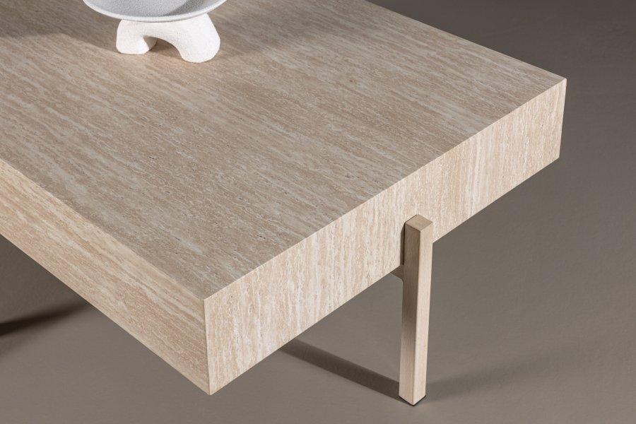 VIND COLLECTION Vadholmen sofabord, rektangulr - hvid MDF med travertin look og stl (82x126)