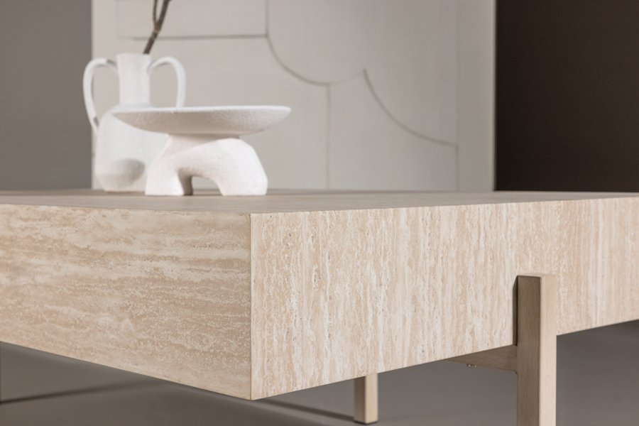 VIND COLLECTION Vadholmen sofabord, rektangulr - hvid MDF med travertin look og stl (82x126)