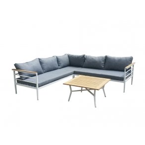 VENTURE DESIGN Mexico hjrne havesofa m. sofabord og hynder - gr polyester, hvid aluminium, natur teaktr