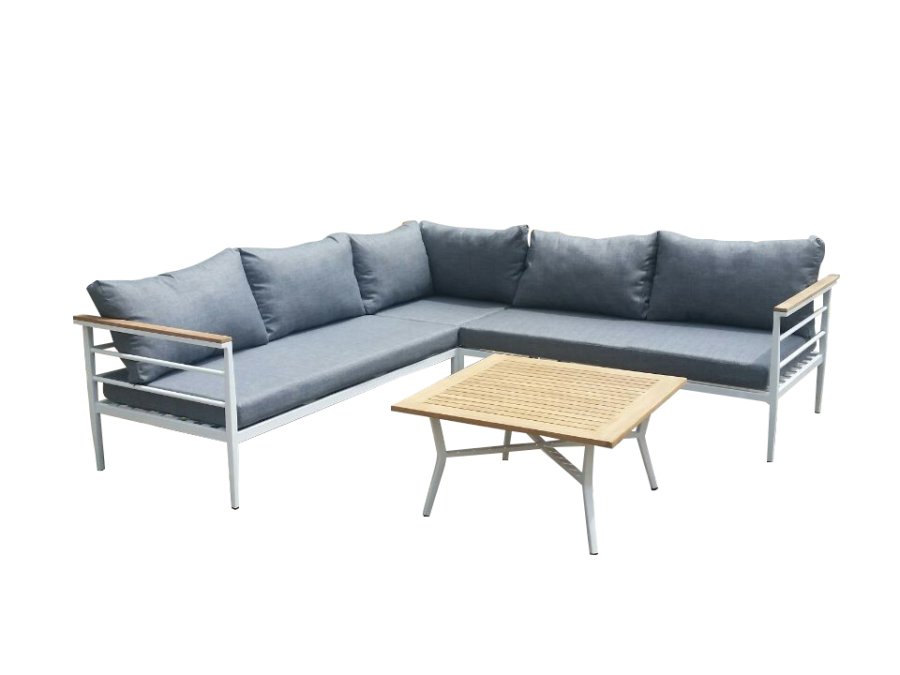 VENTURE DESIGN Mexico hjrne havesofa m. sofabord og hynder - gr polyester, hvid aluminium, natur teaktr