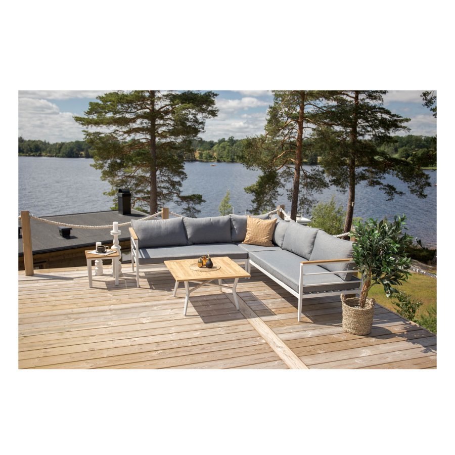 VENTURE DESIGN Mexico hjrne havesofa m. sofabord og hynder - gr polyester, hvid aluminium, natur teaktr