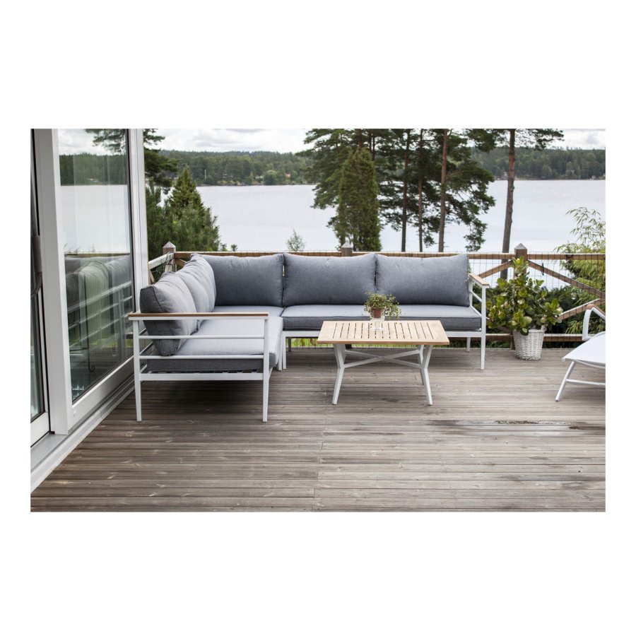 VENTURE DESIGN Mexico hjrne havesofa m. sofabord og hynder - gr polyester, hvid aluminium, natur teaktr