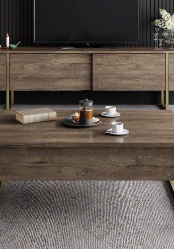 NORDVÄRK Luxe TV-bord, m. lger - valnd melamin og guld metal (180x30)