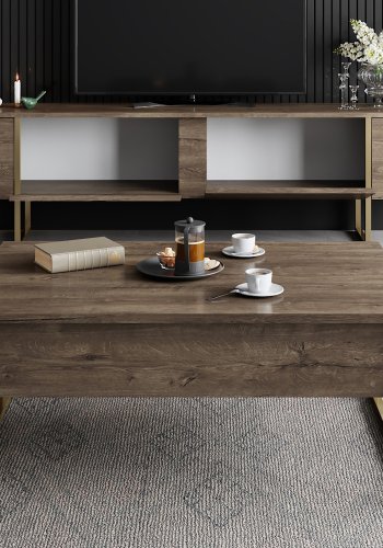 NORDVÄRK Luxe TV-bord, m. lger - valnd melamin og guld metal (180x30)