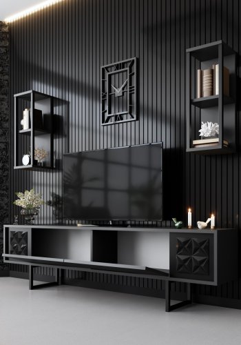 NORDVÄRK Black Line TV-bord og 2 vghylder - antracitgr melamin og sort metal (st med 3)