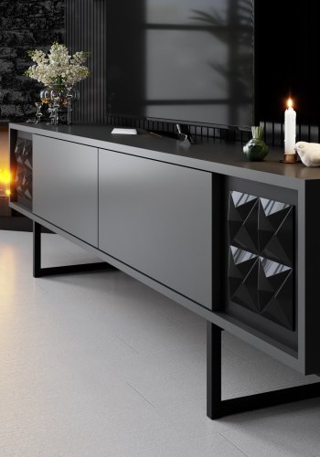 NORDVÄRK Black Line TV-bord og 2 vghylder - antracitgr melamin og sort metal (st med 3)