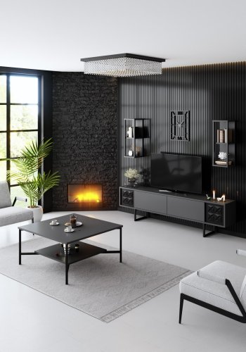 NORDVÄRK Black Line TV-bord og 2 vghylder - antracitgr melamin og sort metal (st med 3)